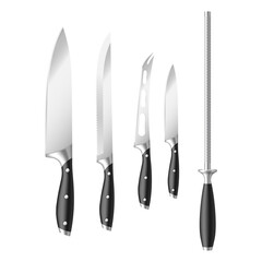 Set of different knives and sharpening rod for professional chef's kitchen isolated