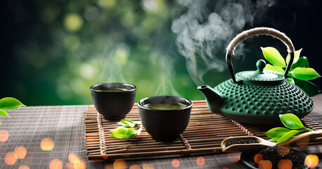 Japanese Tea - Hot Teapot And Teacups On Bamboo Mat - obrazy, fototapety, plakaty