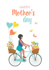 Happy girl riding bicycle with flower bouqet, balloons presents to mother. Kid daughter cycling to deliver gift to Mom cartoon vector illustration. Mothers day flat minimalist style card background