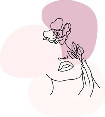 Woman face with flower. Minimalistic vector illustration. Black and white with pastel. One line drawing.