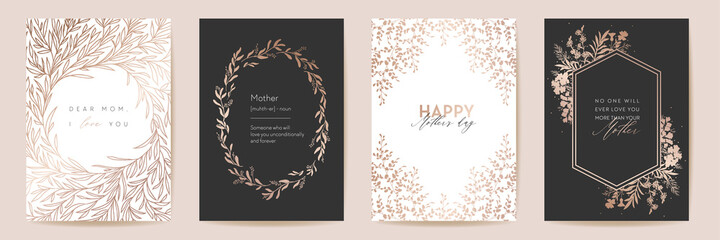 Mothers day gold line contour greeting set. Golden luxury floral template. Vector foliage design for Mother party