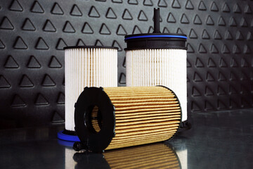 New clean original car filters. Sale of spare parts, car service, maintenance.