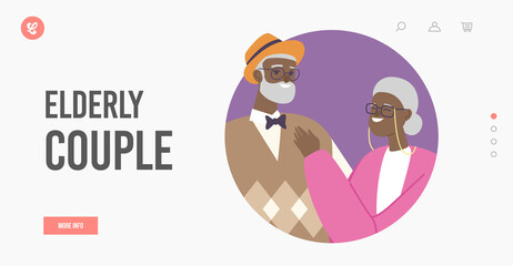 Elderly African Couple Landing Page Template. Senior Married Old Characters Hold Hands Stand Togethe. Old Man and Woman