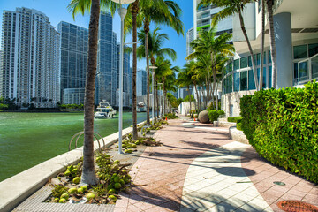 Miami Riverwalk skyline with promenade and buildings