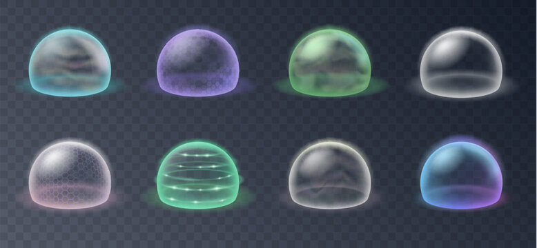 Bubble shields, protection force fields. Realistic set of safety energy barrier, defense spheres