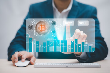 Digital graph with Bitcoin chart on-screen among piles of Bitcoin concept. businessman touch on  BUY and SELL buttons. Bitcoin on the stock market, Cryptocurrency, and finance.