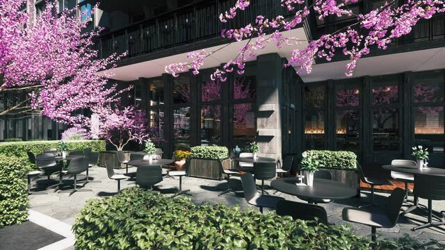 Empty summer terrace of the restaurant. Modern design of restaurant. Cherry tree by the restaurant. 3d visualization