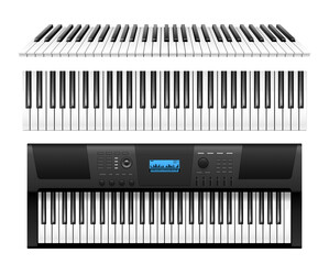 Classic piano keys and electric synthesizer realistic keyboard, top angle view