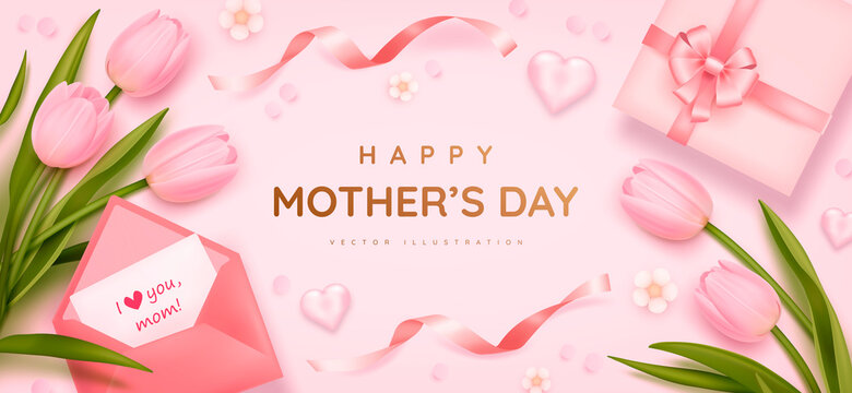 Mother's day poster or banner with realistic sweet hearts, bouquet of tulips, envelope and pink gift box on pink background. Vector illustration