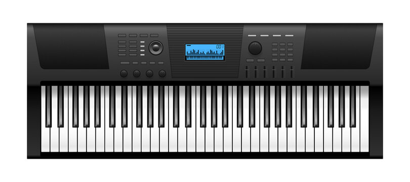 Music synthesizer. Realistic electric piano keyboards, top view. Electronic musical instrument