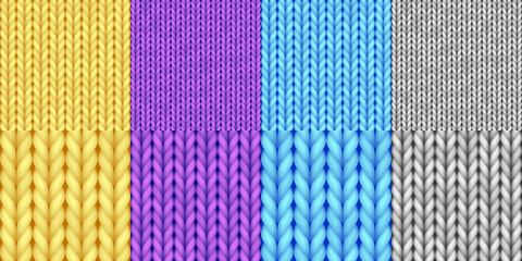 Set of realistic seamless knitted pattern. Merino wool, yarn texture for background, wallpaper