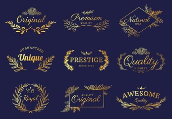 Golden ornament labels. Luxury floral badges and logo with leaf, flowers and crown. Vintage gold royal premium flourishes element vector set