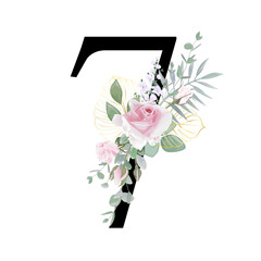 Floral Number. Set digit with botanical bouquet. Wedding invitations, greeting card, birthday, logo, poster other ideas. Vector illustration.