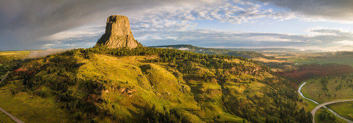 Dramatic panorama sunrise at Devils Tower National Monument - Wyoming 