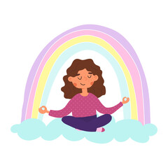 Cute girl sits on the cloud and meditates in lotus pose, the rainbow above her head. Positive vibes, calm kid concept.
