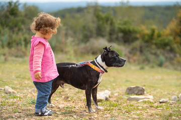 Little girl with a staffordshire bull terrier