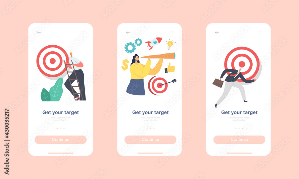 Poster get your target mobile app page onboard screen template. tiny characters trying to reach aim. busine