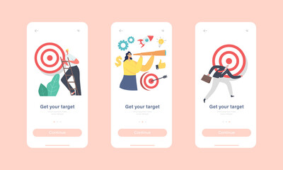 Get your Target Mobile App Page Onboard Screen Template. Tiny Characters Trying to Reach Aim. Business Goal Achievement
