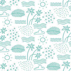 Linear monochrome seamless summer pattern for Wrapping paper. Cute doodle summer pattern with palm tree and waves. Vector illustration and element for your design.