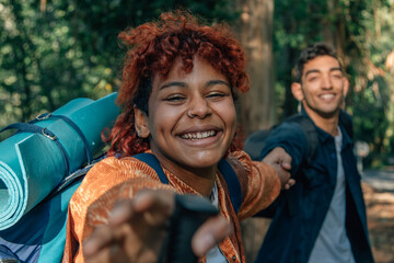 smiling multiethnic couple traveling outdoors