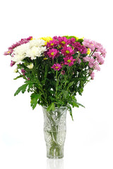 Beautiful bouquet of bright chrysanthemum flowers in a vase isolated on white