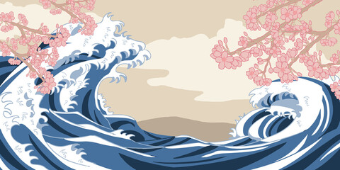 Fototapeta na wymiar 海　和風　桜　和紙風背景