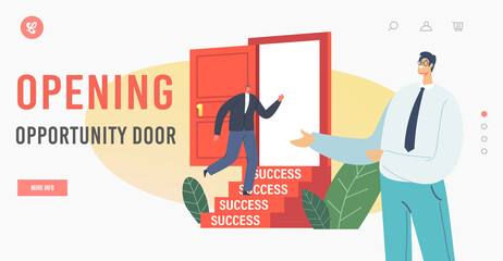 Opportunity Landing Page Template. Businessman Invite Male Character in Suit to Enter Open Door with Stairs to Success
