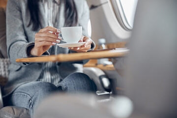 Happy smiling beautiful business woman in private jet