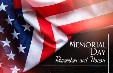 Memorial Day Remember and Honor text American flag  background - obrazy, fototapety, plakaty