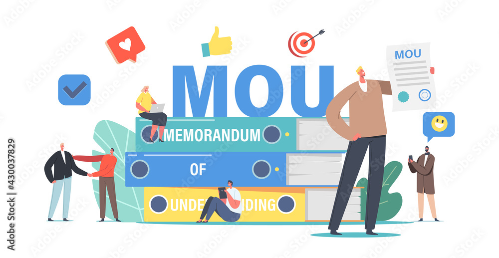 Poster tiny businesspeople characters around huge pile of memorandum of understanding document that describ