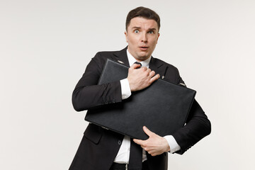 Young scared rich successful employee business corporate lawyer man 20s wearing classic black suit...