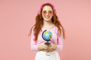 Young volunteer gography student teacher caucasian woman 20s wearing rose clothes bandana glasses...