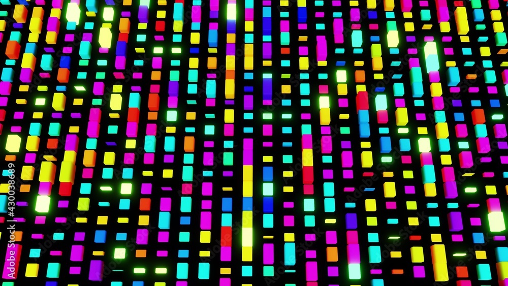 Poster 3d render. simple geometric background with colorful plates on plane flashing like neon lights. crea