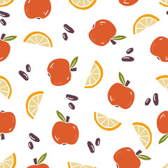 Obraz premium Hand drawn seamless pattern of simple apple, orange. Doodle sketch style. Fruit pattern for food shop, fruit wallpaper, background, textile design