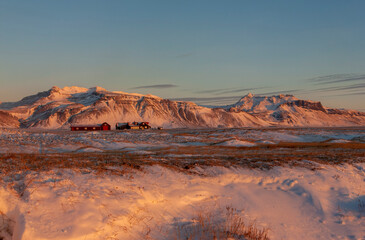 A Farm in Front of the volcano eyjafjallajökull, Iceland, Europe in Winter