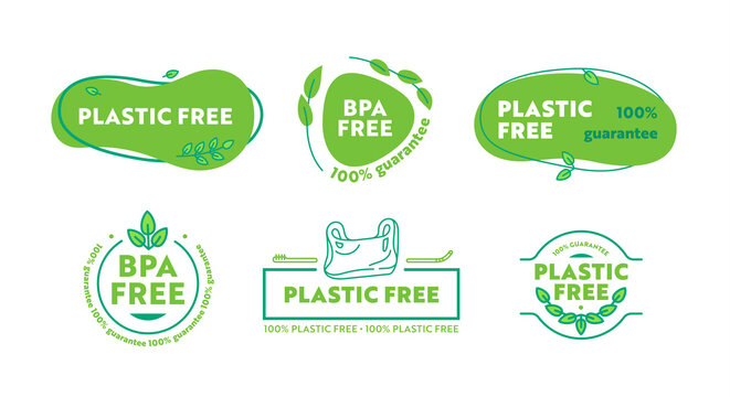 Set of Icons Plastic or BPA Free Theme. No Plastic Poisons Badges with Doodle Hand Drawn Elements of Green Leaves