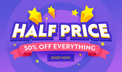 Half Price Mega Sale Advertising Banner with Typography on Purple Background with Stars. Ad Template Design for Shopping