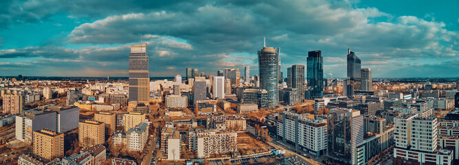 Fototapeta na wymiar Beautiful panoramic aerial drone skyline view of the Warsaw City Centre with skyscrapers, Poland, EU