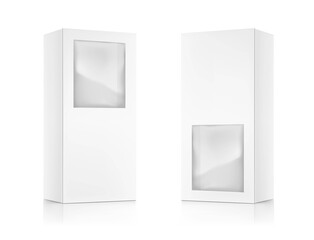 Universal mockup of blank cardboard box with transparent window. Vector illustration isolated on white background, ready and simple to use for your design. EPS10.