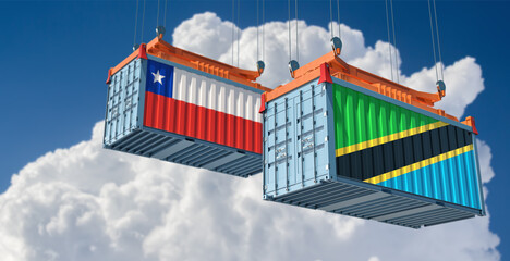 Freight containers with Chile and Tanzania national flags. 3D Rendering 