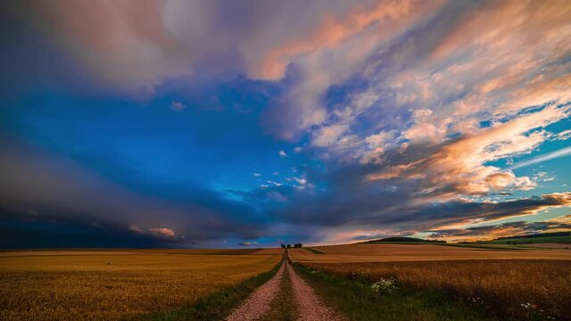 A time-lapse of a meadow covered in the grass under a cloudy sky during the sunset shot in 4K