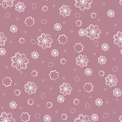 Seamless floral pattern of sakura flowers, apple trees with petals and stamens. Vector illustration for wallpaper, textile, background in pink pastel colors.