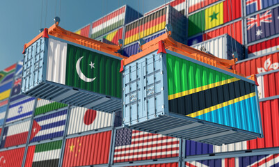 Freight containers with Pakistan and Tanzania national flags. 3D Rendering 