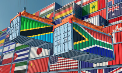Freight containers with South Africa and Tanzania national flags. 3D Rendering 