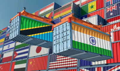 Freight containers with India and Tanzania national flags. 3D Rendering 