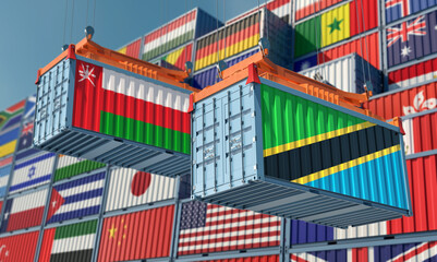 Freight containers with Oman and Tanzania national flags. 3D Rendering 