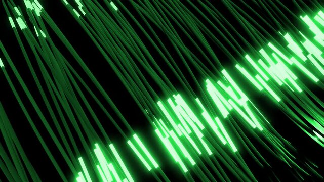 abstract looped 4k dark background with rinning neon lights on green tubes. Bg for show or events, exhibitions, festivals or concerts, music videos, VJ loop for night clubs.