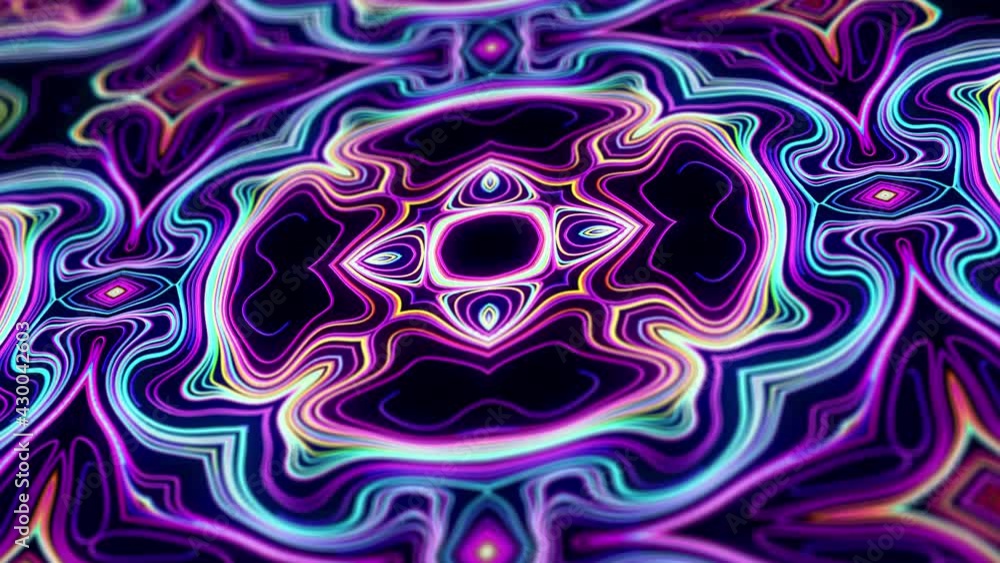 Poster pattern as flower or star. 4k abstract looped bg with grows rainbow colors lines pattern like symmet