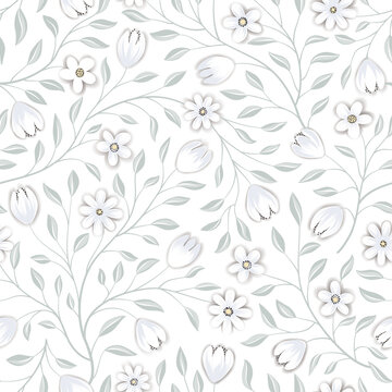 Floral seamless pattern. Flower background. Floral seamless texture with flowers. Flourish tiled white spring wallpaper