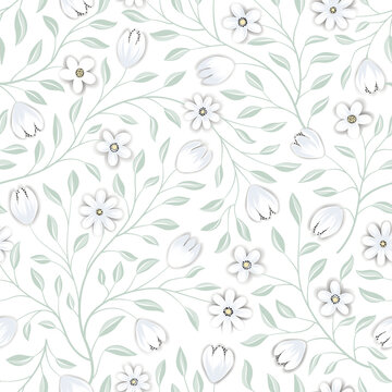 Floral seamless pattern. Flower background. Floral seamless texture with flowers. Flourish tiled white spring wallpaper